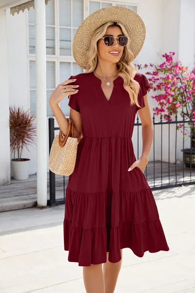 Hilaria Ruched Notched Cap Sleeve Dress