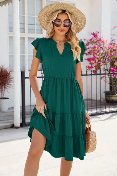 Hilaria Ruched Notched Cap Sleeve Dress