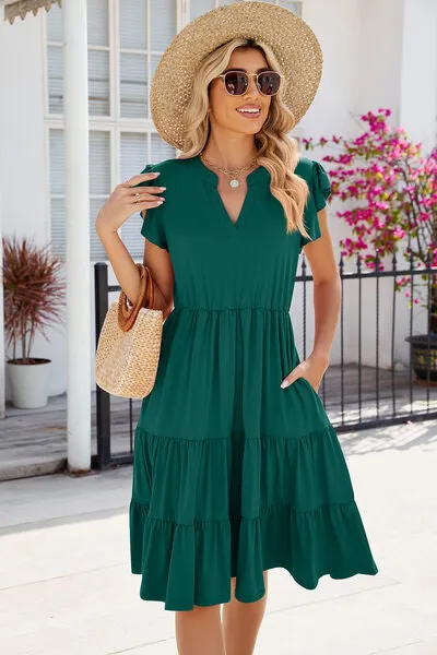 Hilaria Ruched Notched Cap Sleeve Dress
