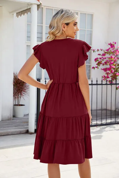 Hilaria Ruched Notched Cap Sleeve Dress
