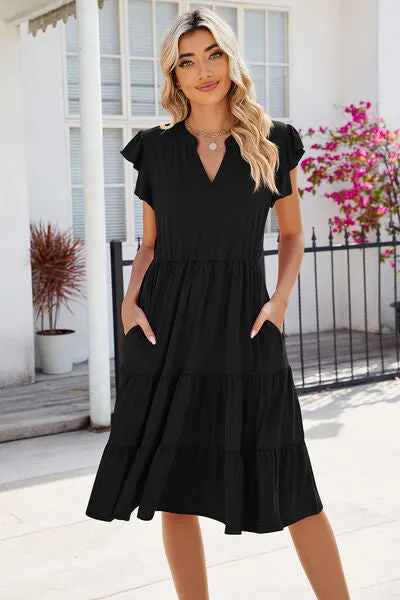 Hilaria Ruched Notched Cap Sleeve Dress