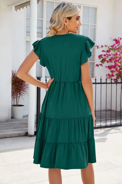 Hilaria Ruched Notched Cap Sleeve Dress