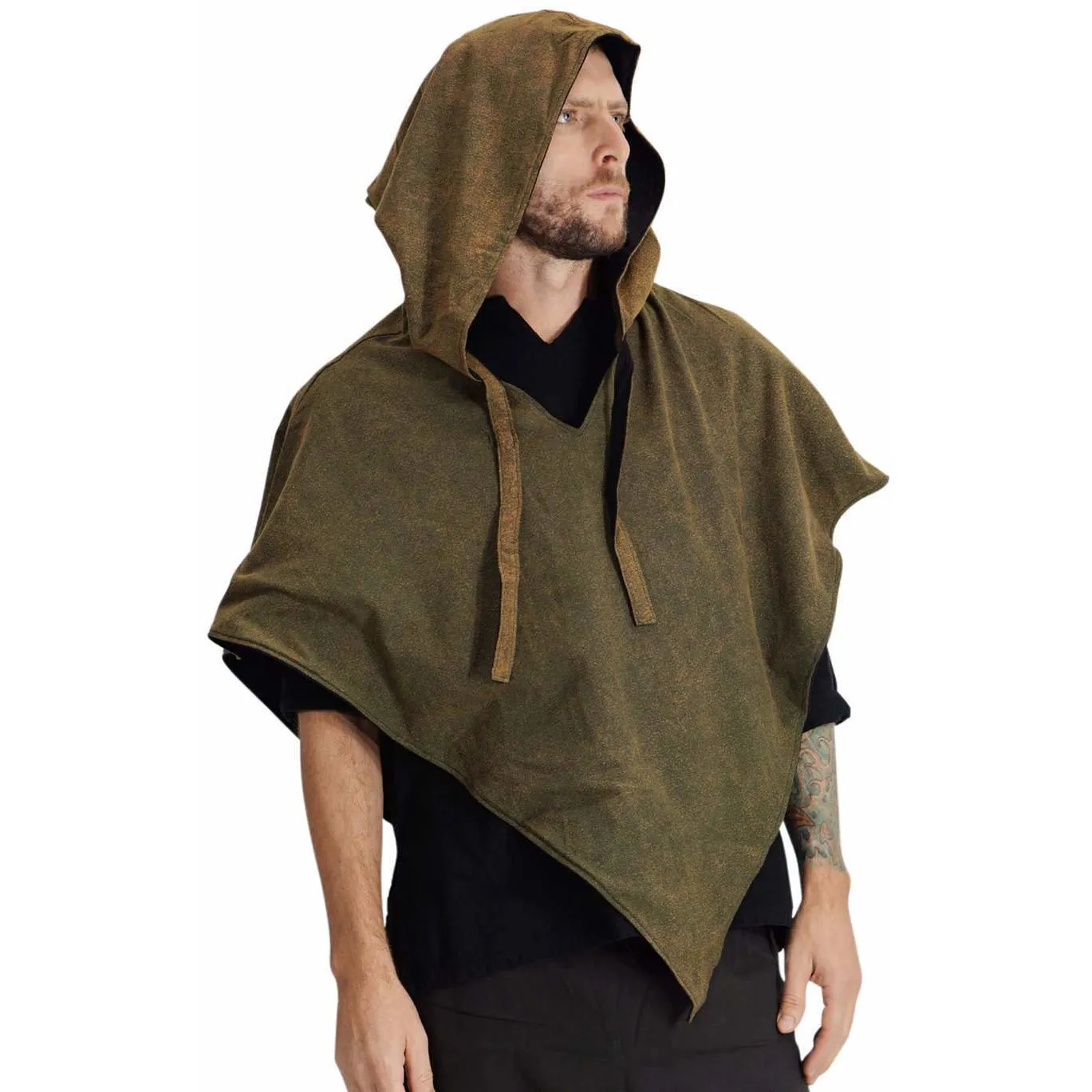 'Hooded Cowl'  Medieval Half Cloak - Stone Green/Black
