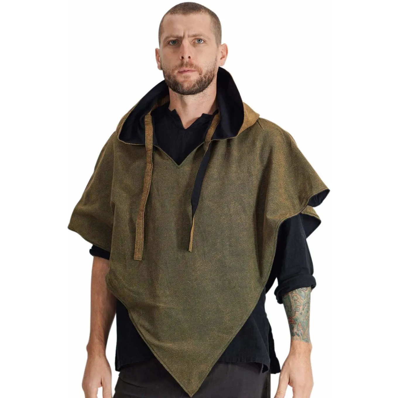 'Hooded Cowl'  Medieval Half Cloak - Stone Green/Black