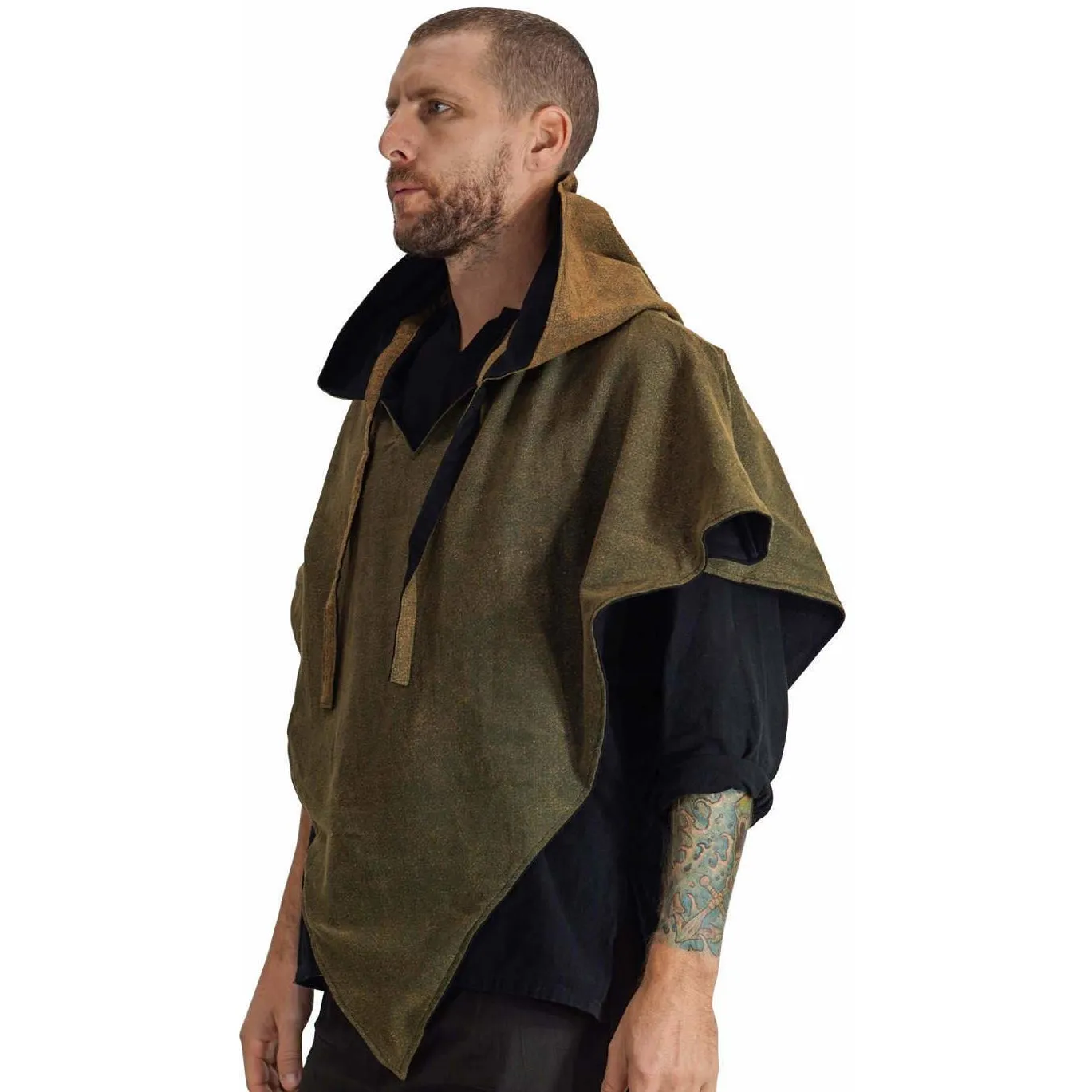 'Hooded Cowl'  Medieval Half Cloak - Stone Green/Black