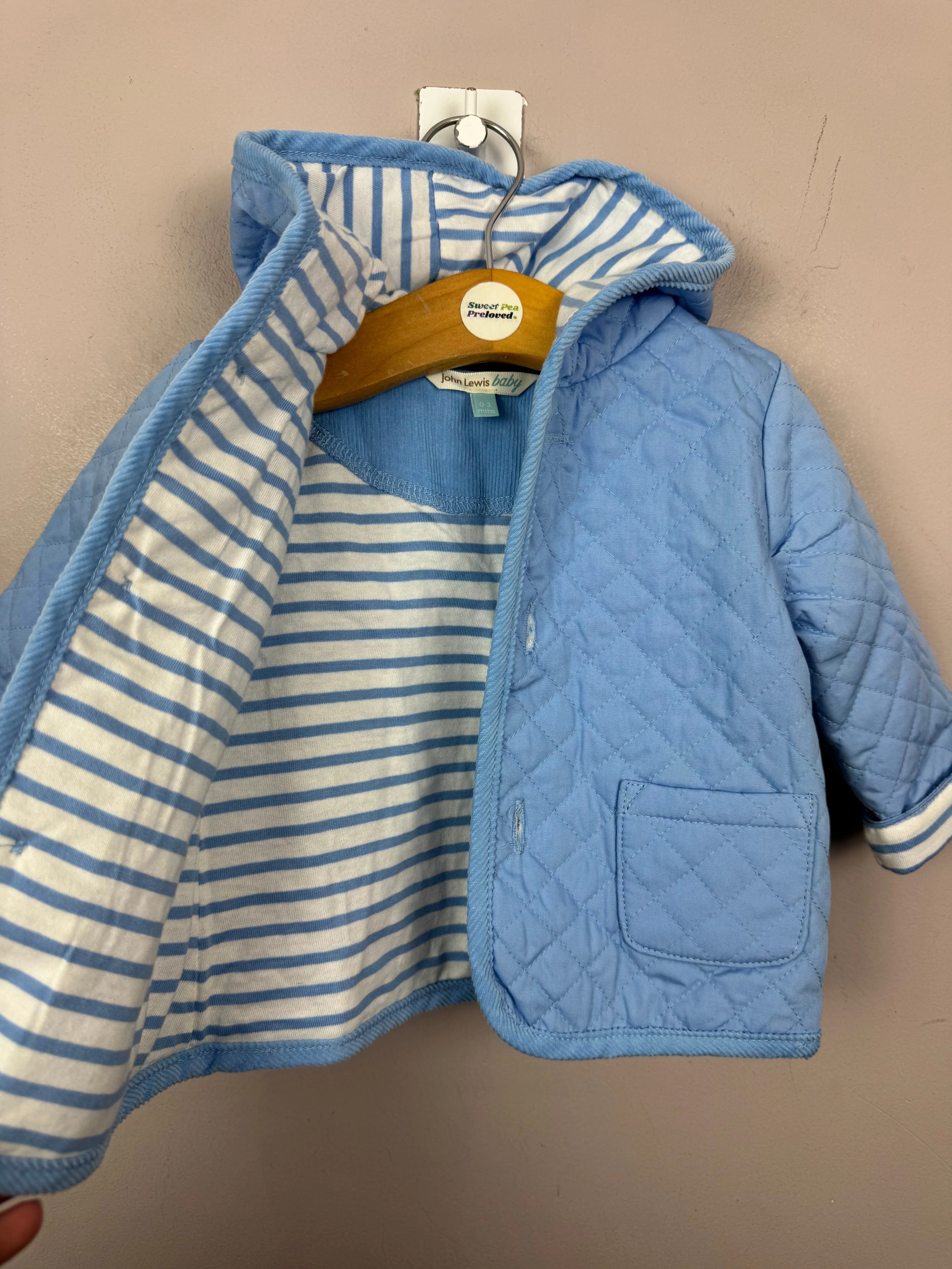 John Lewis sky blue quilted jacket 0-3m