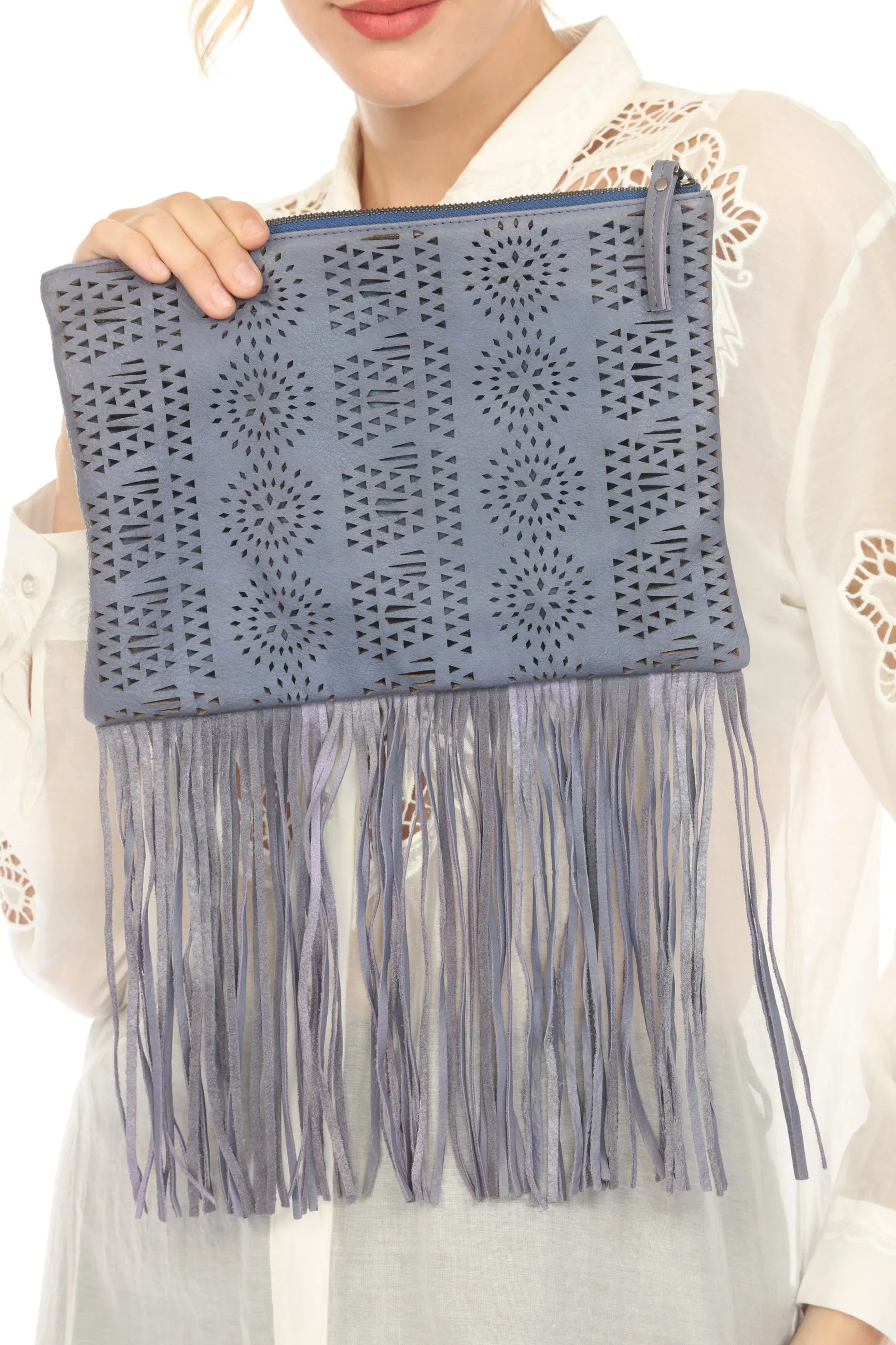 Johnny Was JWLA Blue Leather Fringe Clutch Bag Boho Chic JW2334