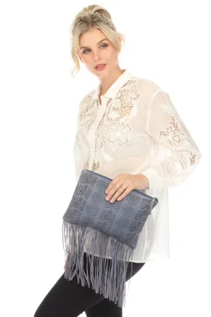 Johnny Was JWLA Blue Leather Fringe Clutch Bag Boho Chic JW2334