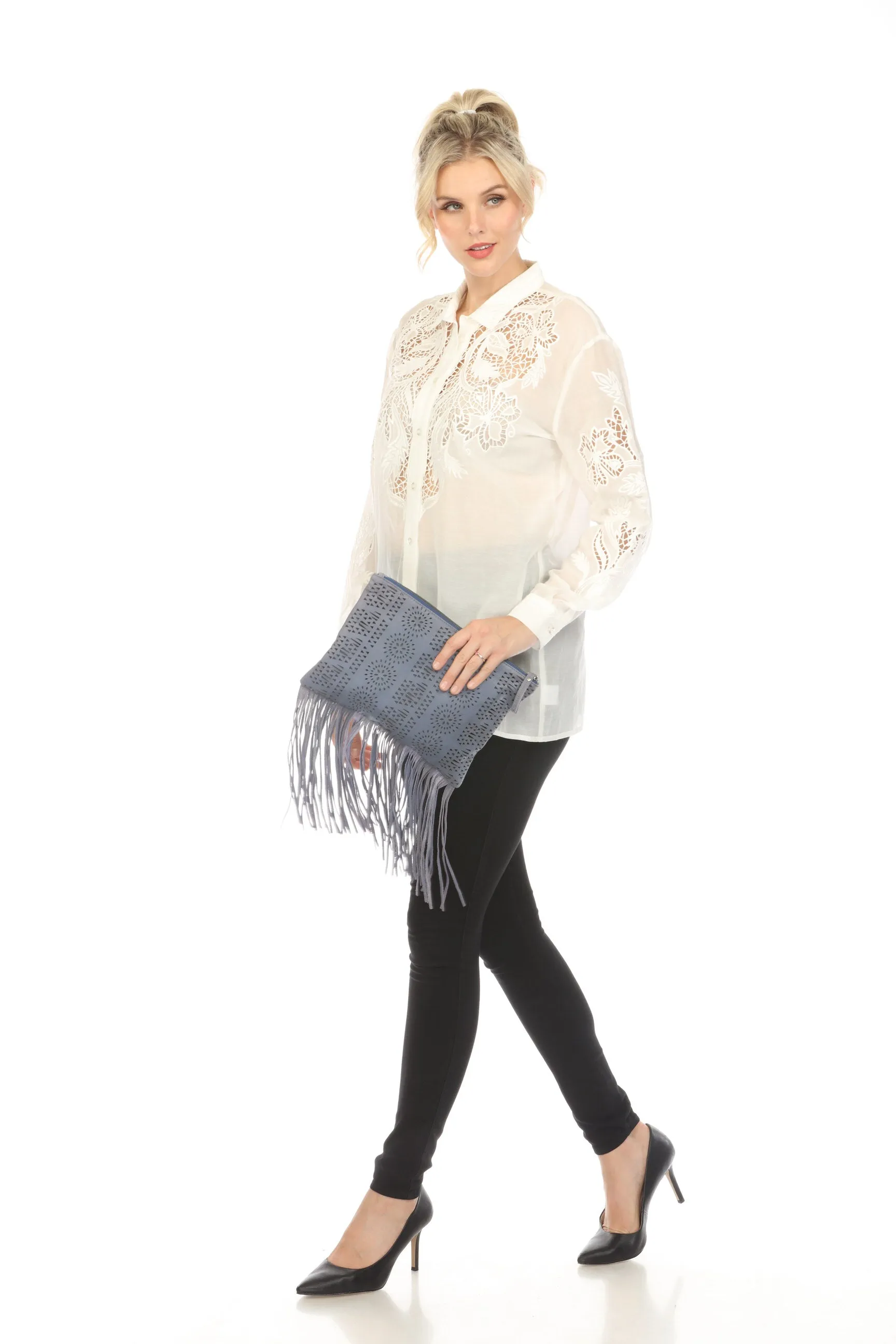 Johnny Was JWLA Blue Leather Fringe Clutch Bag Boho Chic JW2334