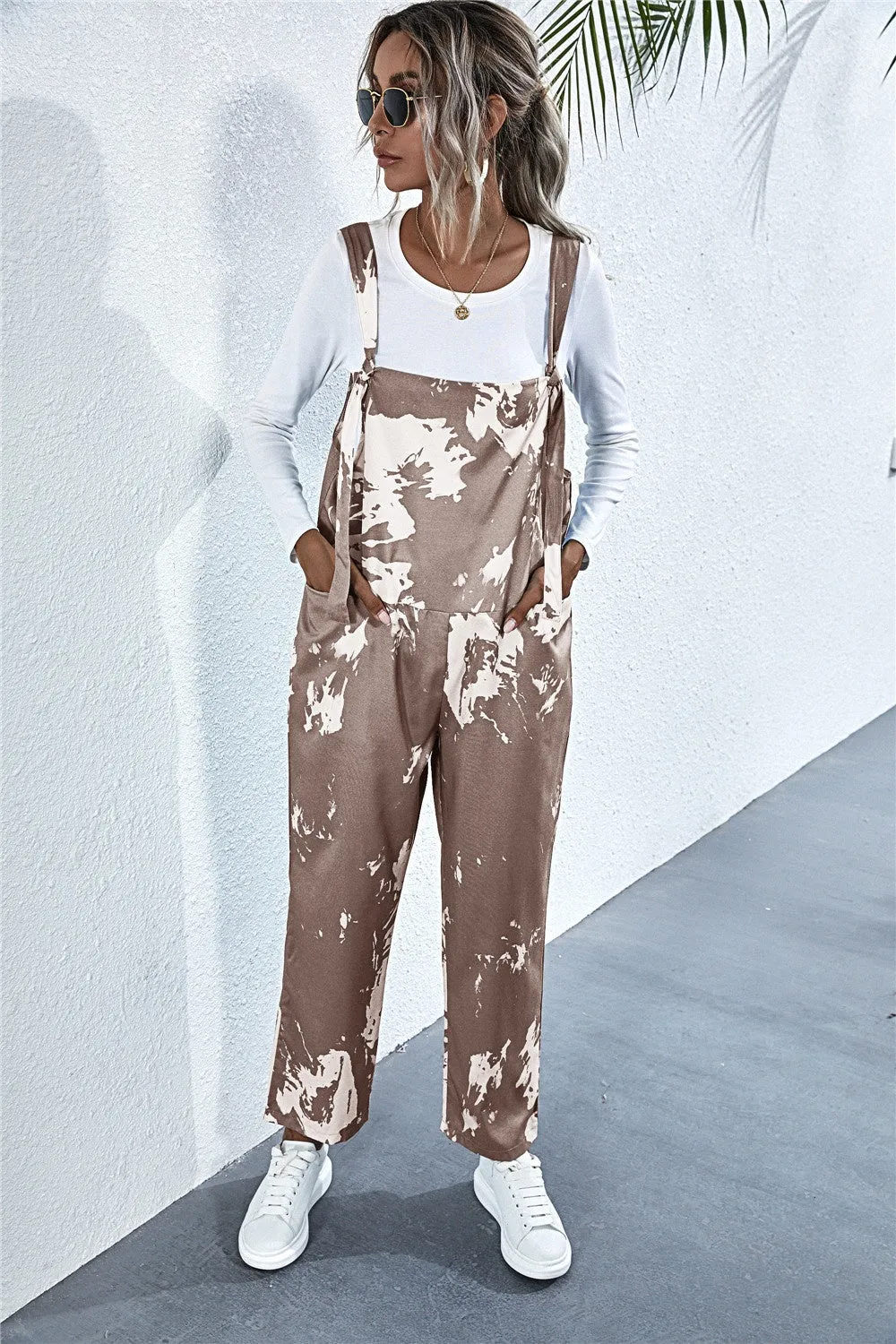 Katie Pocketed Tie-Dye Wide Strap Overalls