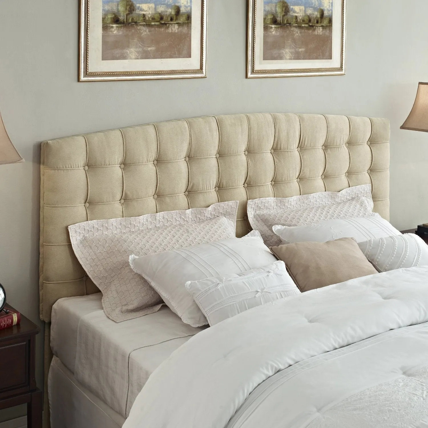 King size Button Tufted Padded Headboard Upholstered in Beige Microfiber