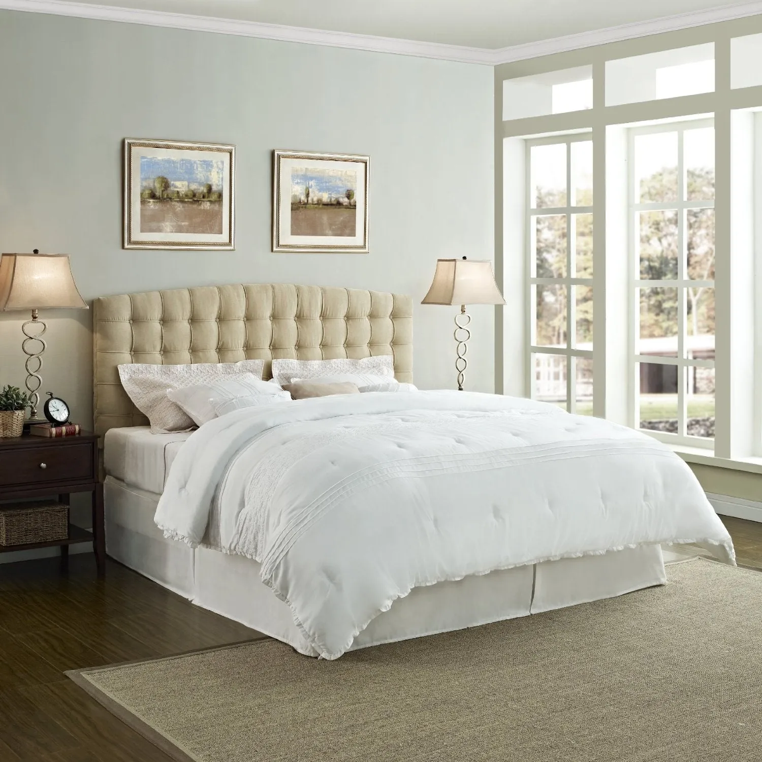 King size Button Tufted Padded Headboard Upholstered in Beige Microfiber
