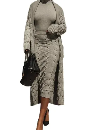 Knitted Pocketed Cardigan Sweater 3pc Skirt Set