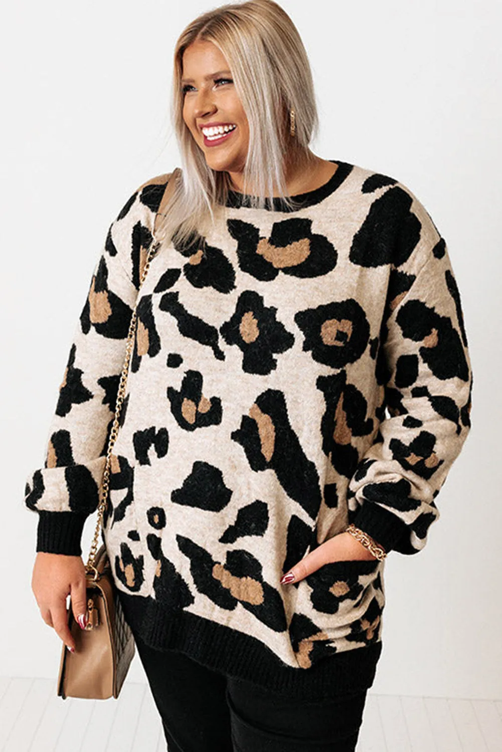 Leopard Brushed Knit Pocketed Plus Size Sweater
