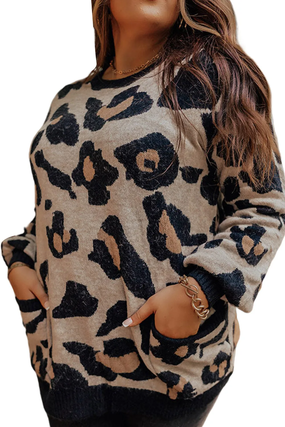 Leopard Brushed Knit Pocketed Plus Size Sweater