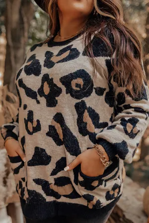 Leopard Brushed Knit Pocketed Plus Size Sweater
