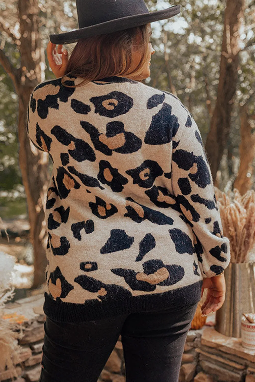 Leopard Brushed Knit Pocketed Plus Size Sweater