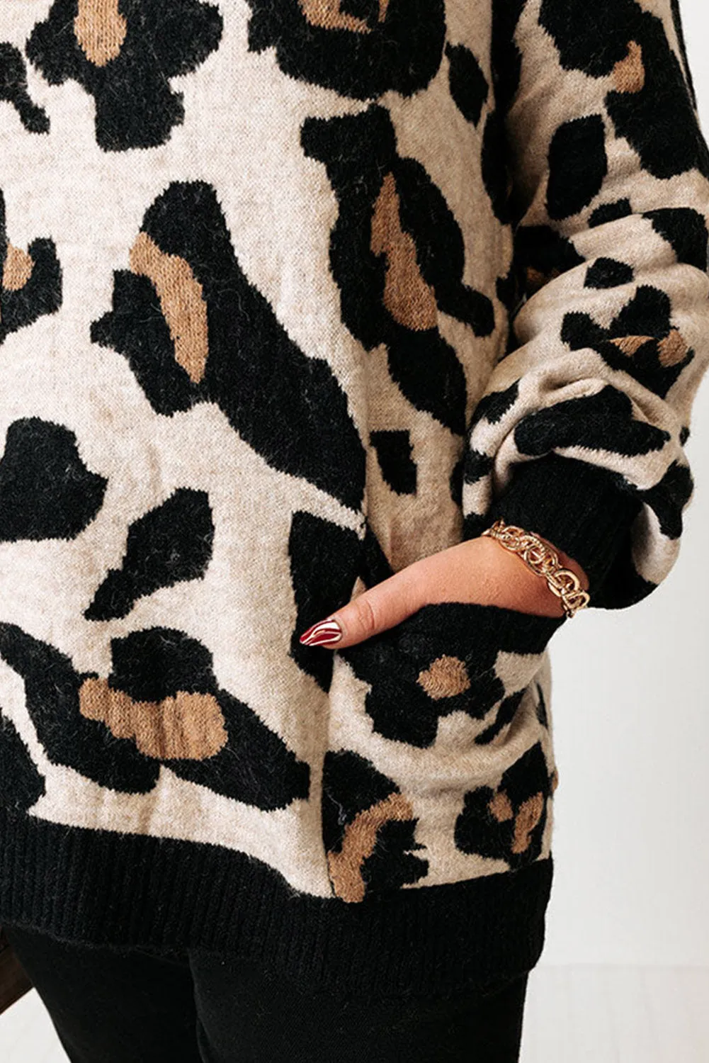 Leopard Brushed Knit Pocketed Plus Size Sweater