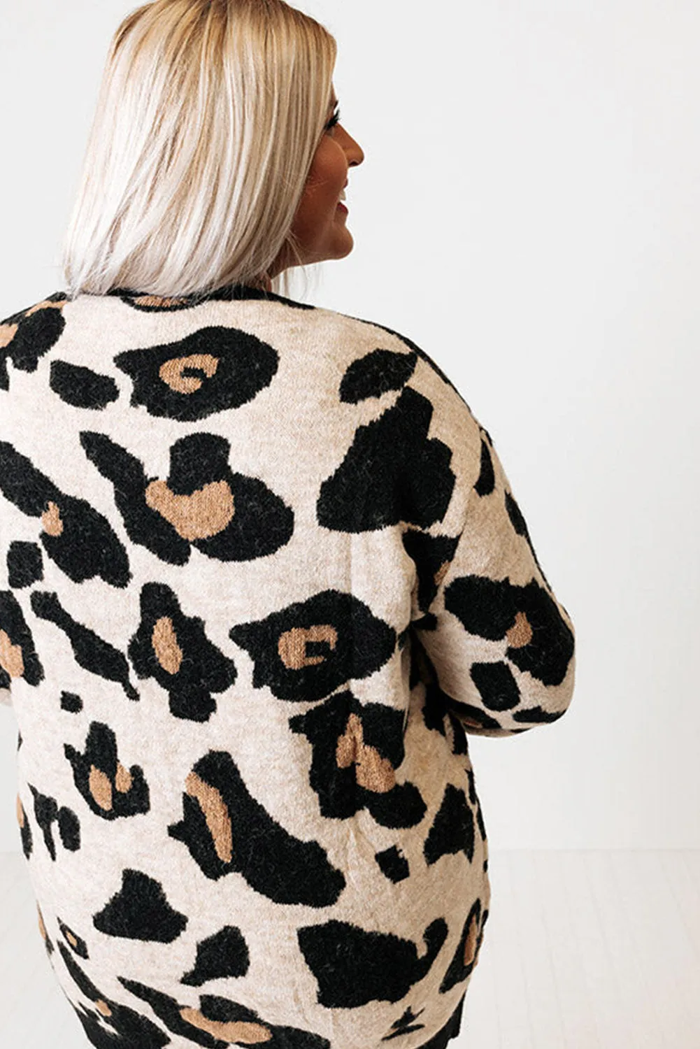 Leopard Brushed Knit Pocketed Plus Size Sweater