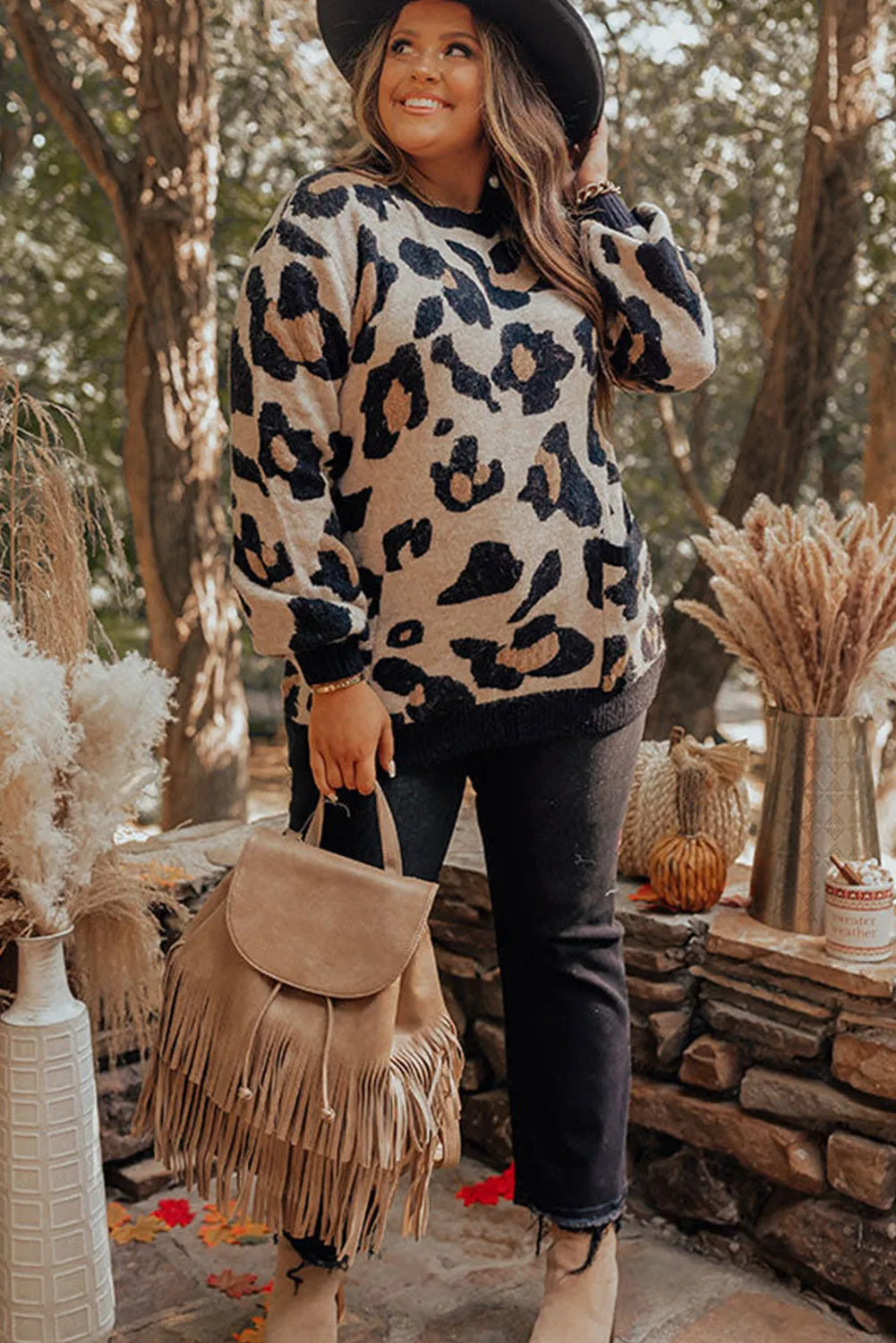 Leopard Brushed Knit Pocketed Plus Size Sweater