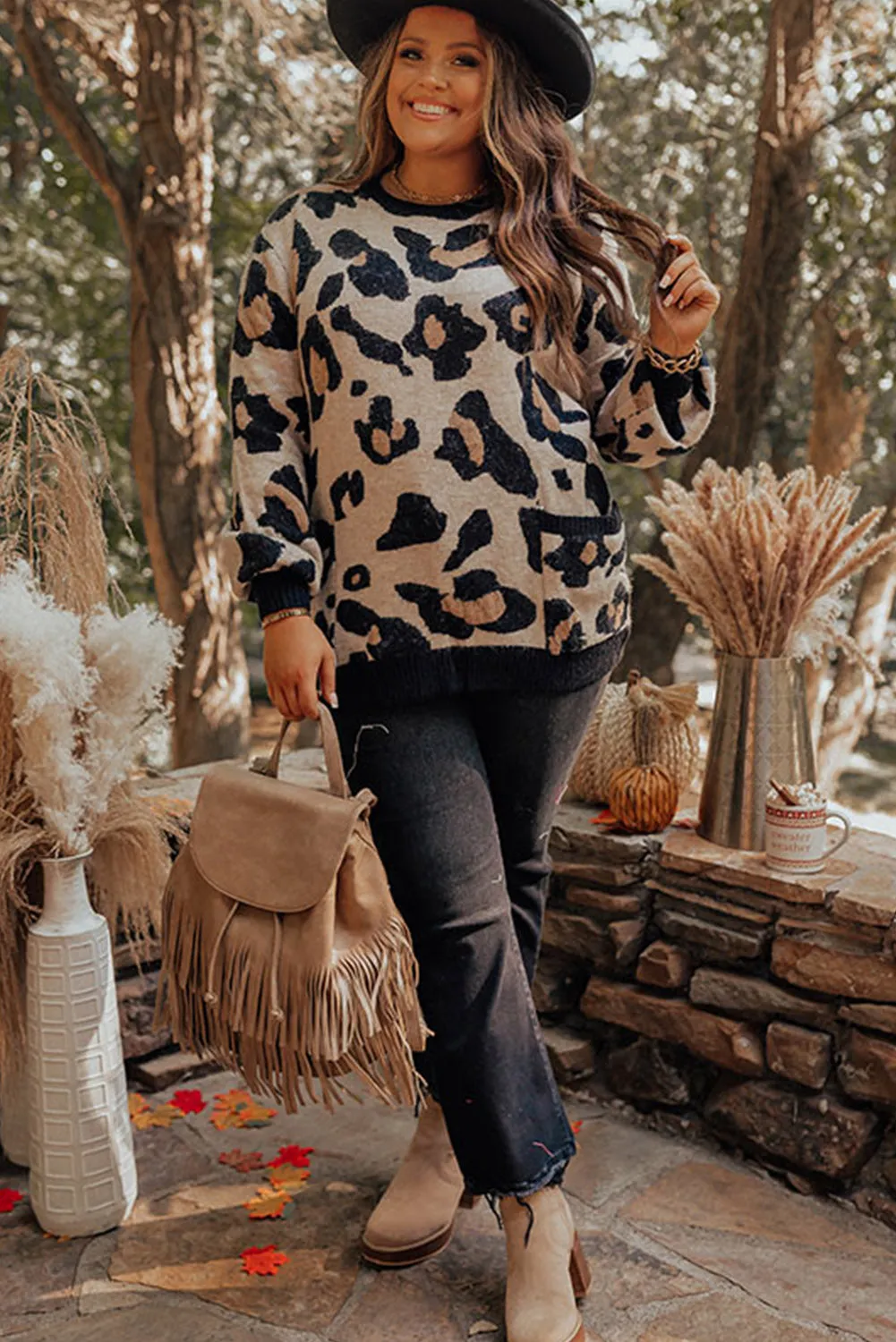 Leopard Brushed Knit Pocketed Plus Size Sweater