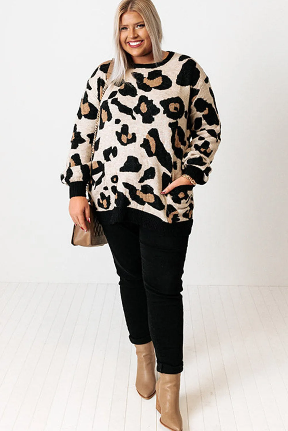 Leopard Brushed Knit Pocketed Plus Size Sweater