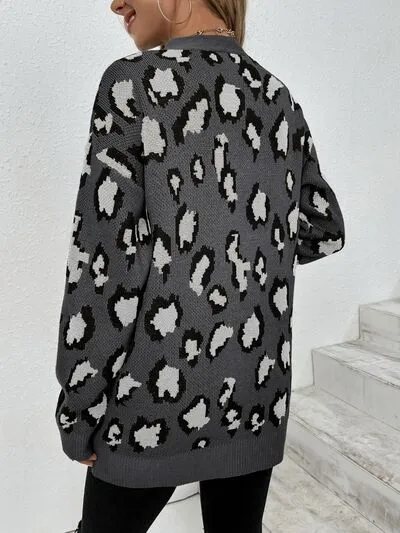 Leopard Open Front Dropped Shoulder Cardigan