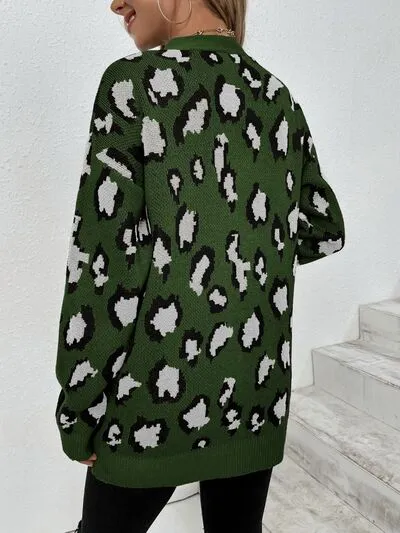 Leopard Open Front Dropped Shoulder Cardigan