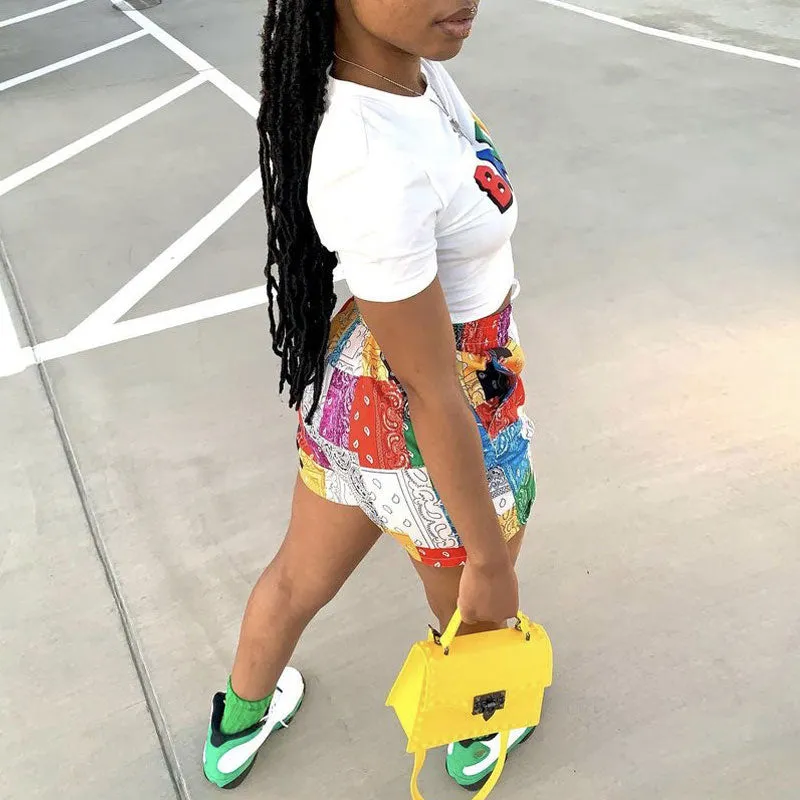Letter Print Short Sleeve Two Piece Shorts Set