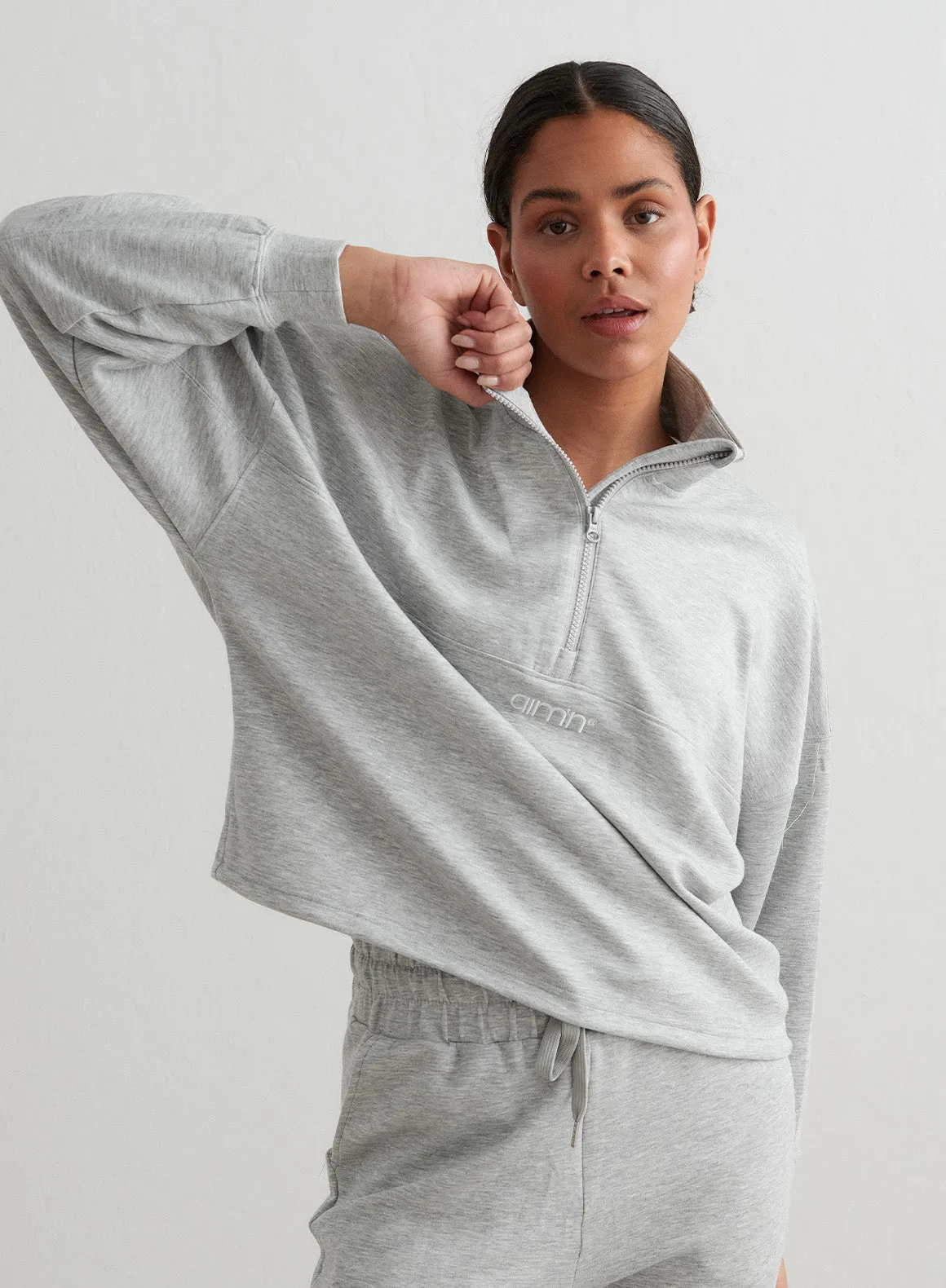 Light Grey Melange Comfy Modal Set With Half Zip Top