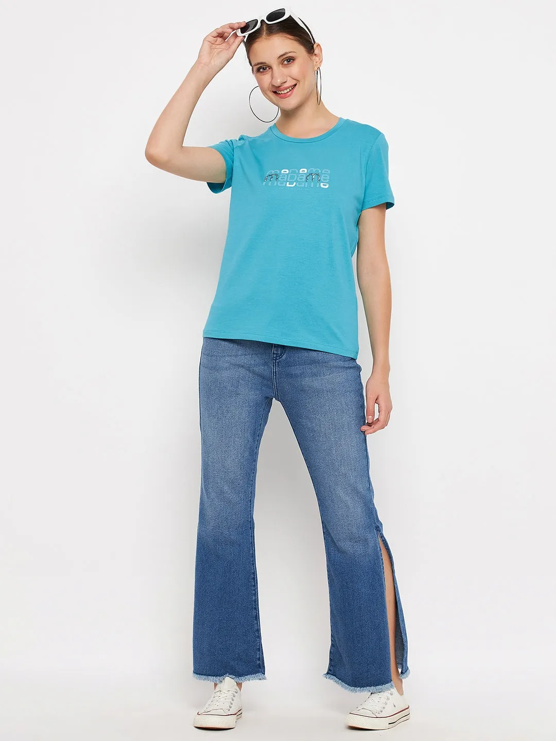 Madame Side Slit Rugged Hem Mid Rise Blue Denim