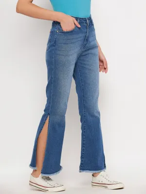 Madame Side Slit Rugged Hem Mid Rise Blue Denim