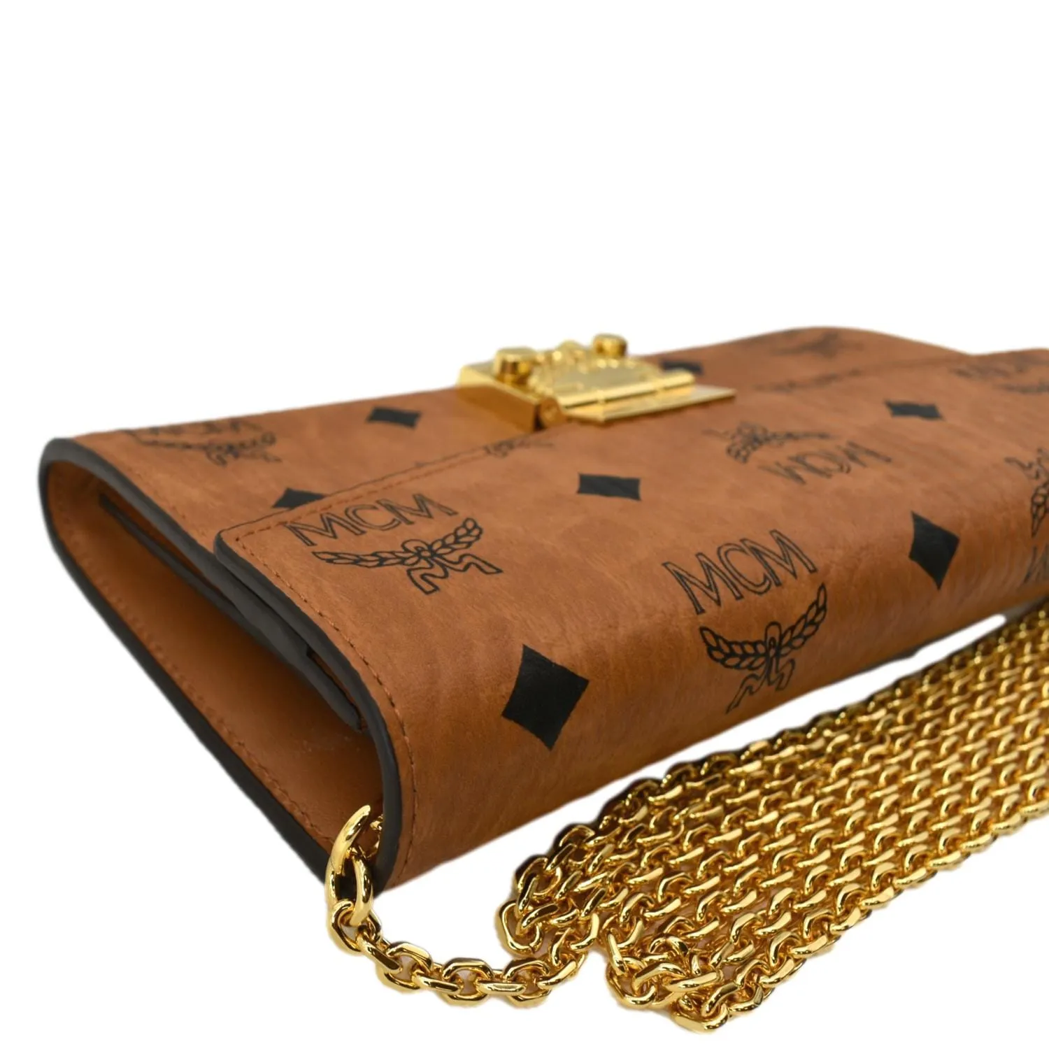 MCM Patricia Visetos Monogram Crossbody Chain Wallet Cognac
