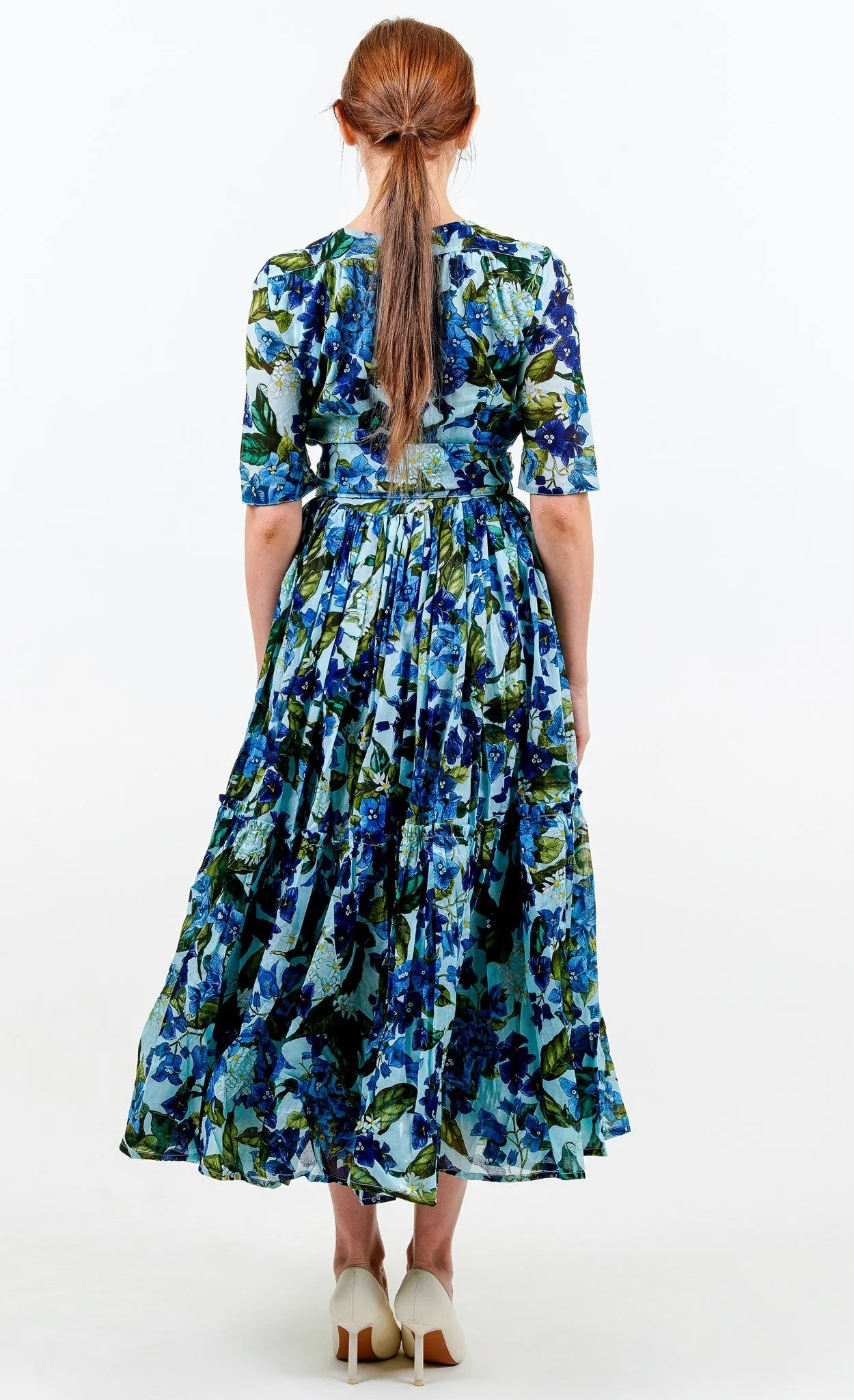 Melanie Dress #1 Crew Neck 1/2 Sleeve Midi Plus Length Cotton Musola (Barbados Flower Ground)