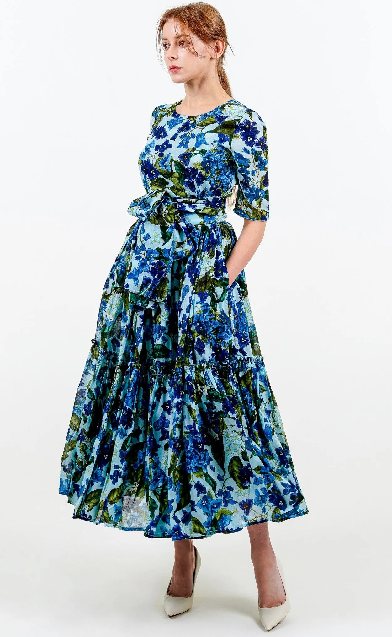 Melanie Dress #1 Crew Neck 1/2 Sleeve Midi Plus Length Cotton Musola (Barbados Flower Ground)