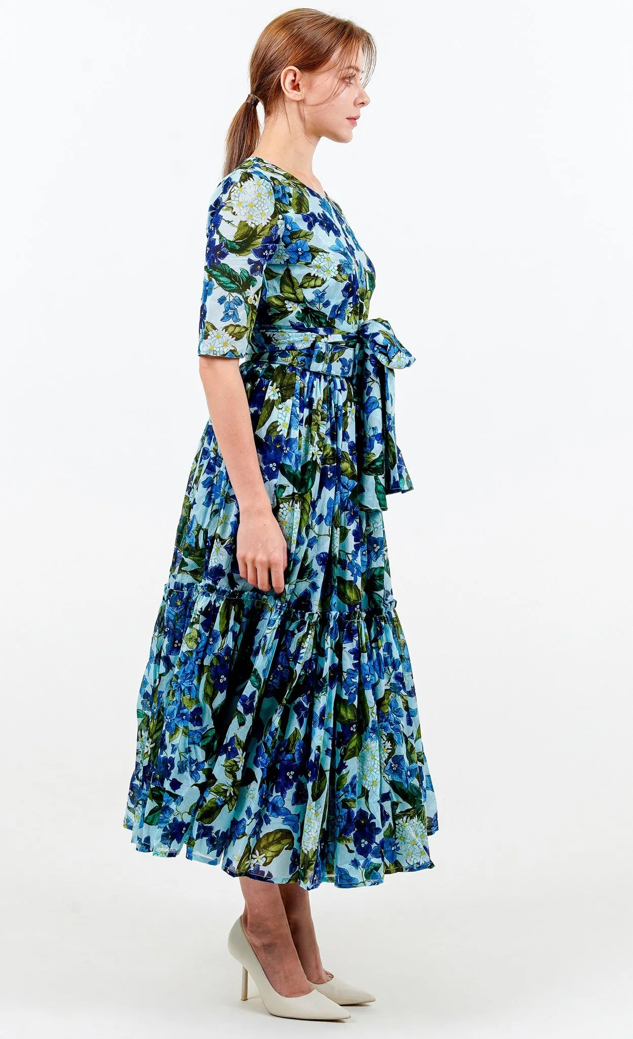 Melanie Dress #1 Crew Neck 1/2 Sleeve Midi Plus Length Cotton Musola (Barbados Flower Ground)
