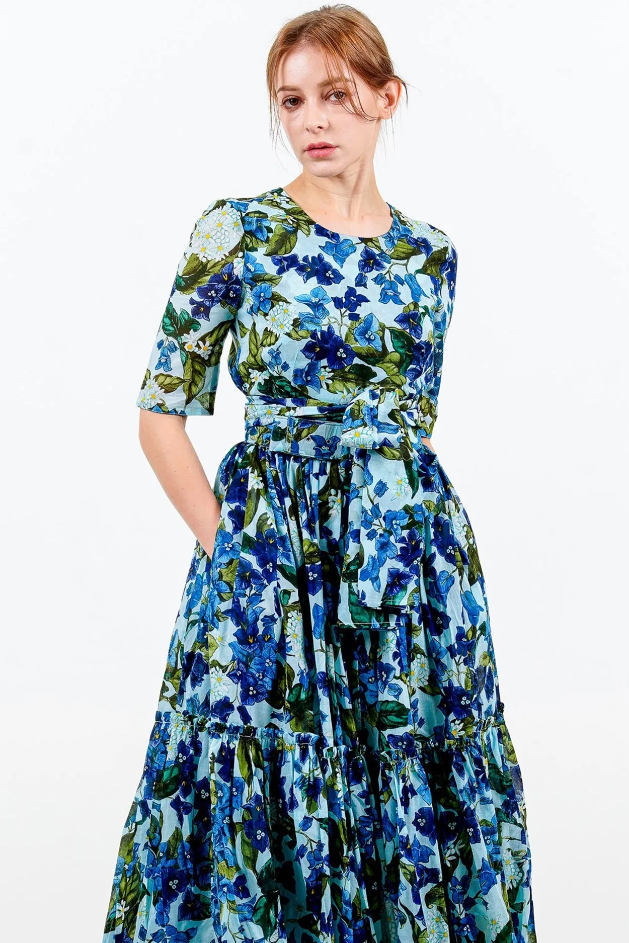 Melanie Dress #1 Crew Neck 1/2 Sleeve Midi Plus Length Cotton Musola (Barbados Flower Ground)