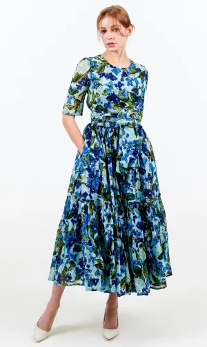 Melanie Dress #1 Crew Neck 1/2 Sleeve Midi Plus Length Cotton Musola (Barbados Flower Ground)