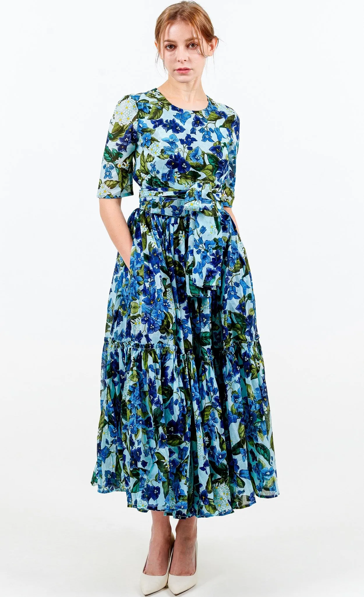 Melanie Dress #1 Crew Neck 1/2 Sleeve Midi Plus Length Cotton Musola (Barbados Flower Ground)