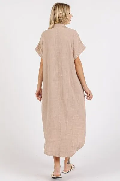 Mineral Wash V Neck Button Up Midi Shirt Dress