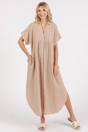 Mineral Wash V Neck Button Up Midi Shirt Dress