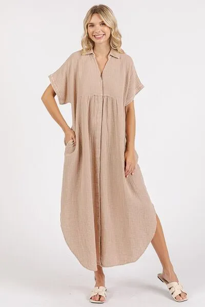 Mineral Wash V Neck Button Up Midi Shirt Dress
