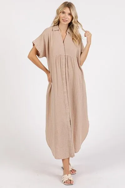 Mineral Wash V Neck Button Up Midi Shirt Dress