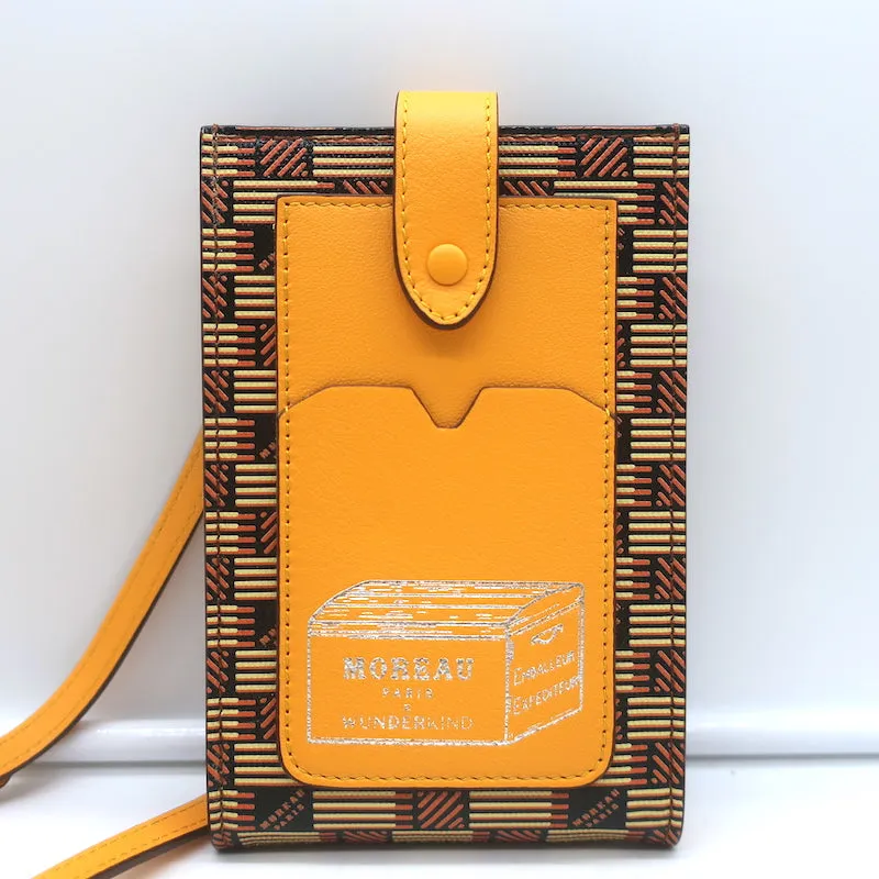 Moreau Paris Vertical Phone Pouch Marigold Canvas & Leather Crossbody Bag NEW