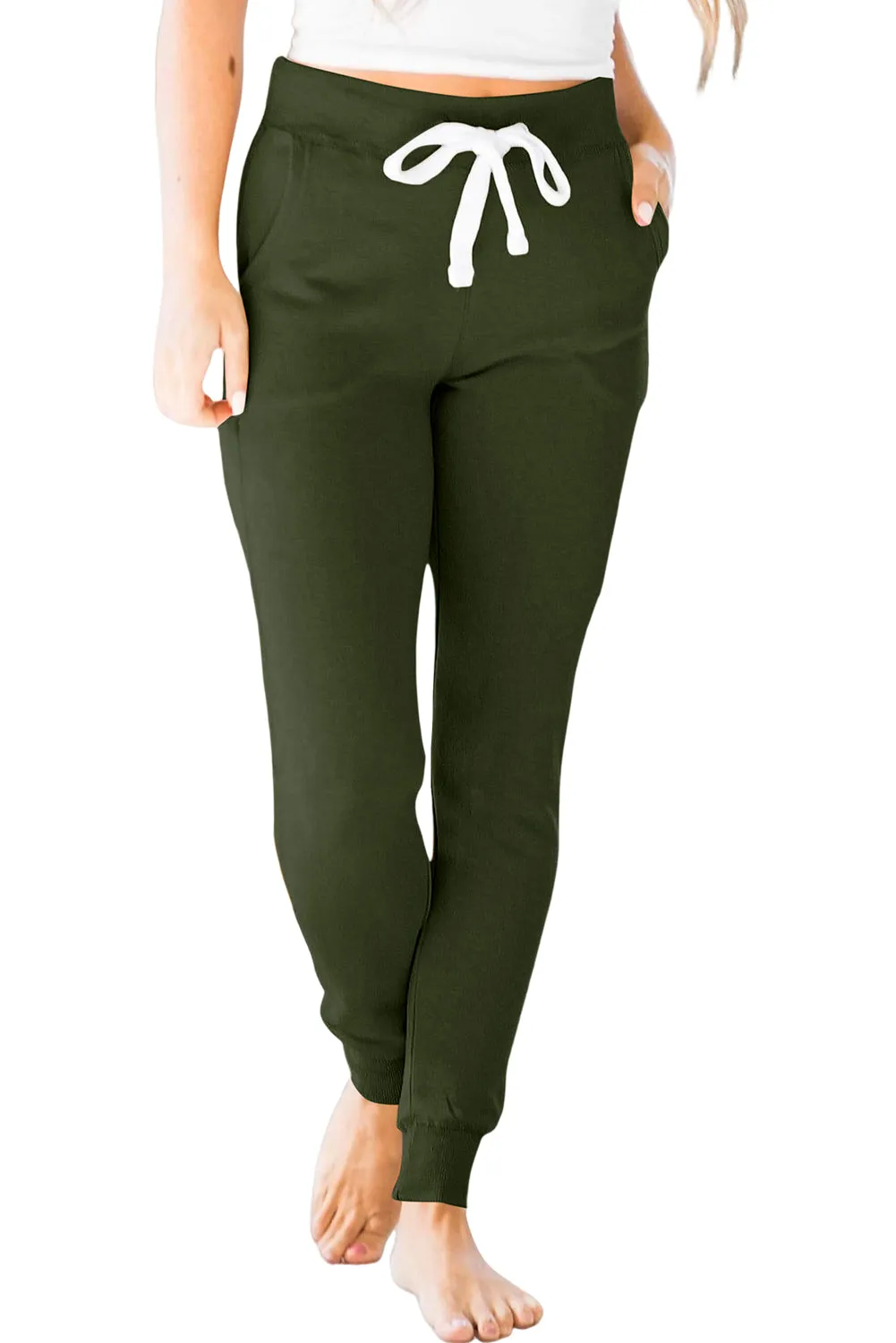 Moss Green Drawstring Waist Pocketed Joggers