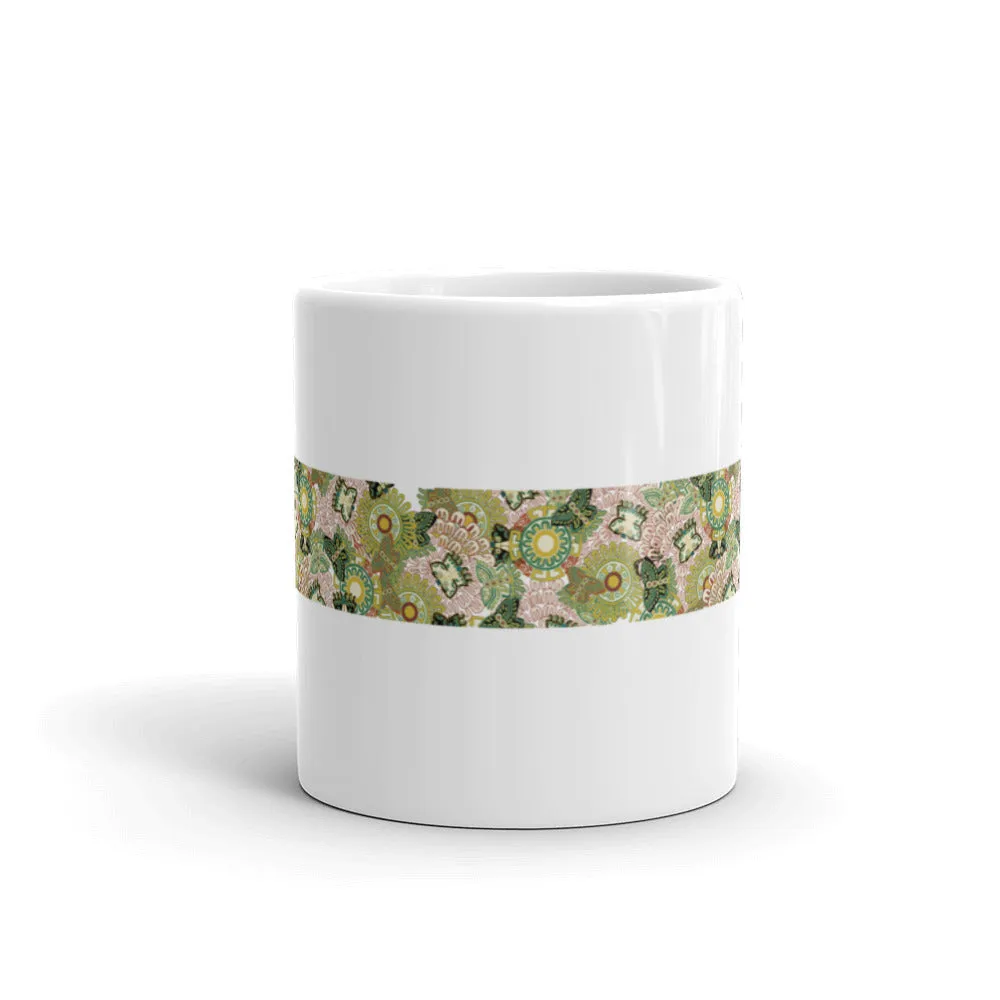 Mug, ceramic featuring a pattern of pre-Columbian butterfly and floral illustrations of Mexican origin, white
