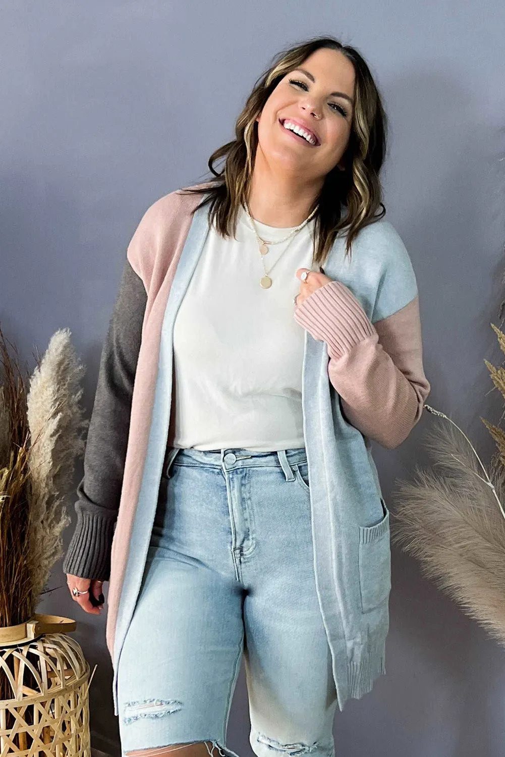 Multicolor Plus Size Colorblock Pocketed Cardigan