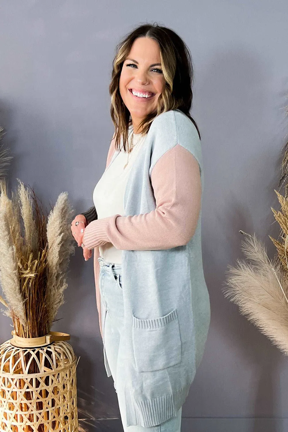 Multicolor Plus Size Colorblock Pocketed Cardigan