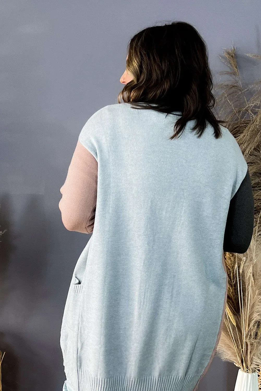 Multicolor Plus Size Colorblock Pocketed Cardigan
