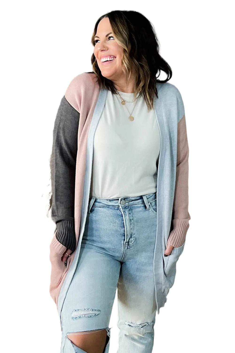 Multicolor Plus Size Colorblock Pocketed Cardigan